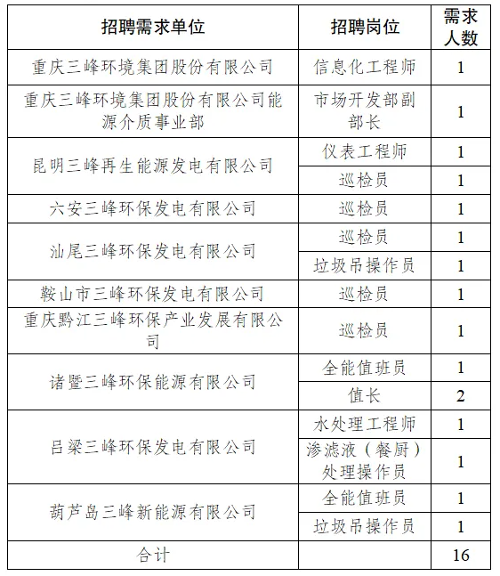 副部长、巡检员、水处理工程师……重庆三峰环境集团公开招聘