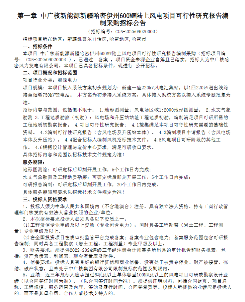 新疆600MW陆上风电项目可研启动招标